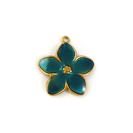 Picture of 2 PCs Eco-friendly PVD Vacuum Plating Waterproof Anti-Tarnish Hypoallergenic 304 Stainless Steel Charms 18K Real Gold Plated Dark Green Enamel Flower 22.5mm x 21mm