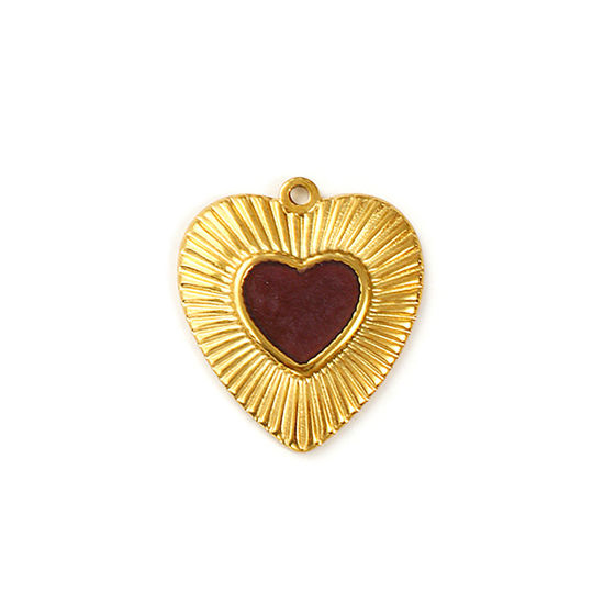 Picture of 2 PCs Eco-friendly PVD Vacuum Plating Waterproof Anti-Tarnish Hypoallergenic 304 Stainless Steel Valentine's Day Charms 18K Real Gold Plated Coffee Enamel Heart Pearlized 26mm x 23mm
