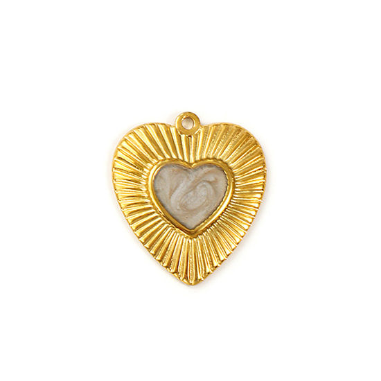Picture of 2 PCs Eco-friendly PVD Vacuum Plating Waterproof Anti-Tarnish Hypoallergenic 304 Stainless Steel Valentine's Day Charms 18K Real Gold Plated Gray Enamel Heart Pearlized 26mm x 23mm