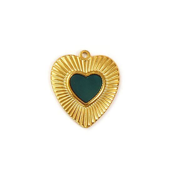 Picture of 2 PCs Eco-friendly PVD Vacuum Plating Waterproof Anti-Tarnish Hypoallergenic 304 Stainless Steel Valentine's Day Charms 18K Real Gold Plated Dark Green Enamel Heart 26mm x 23mm