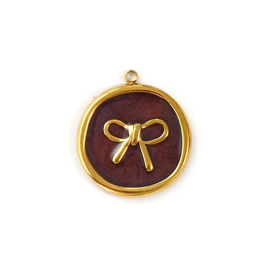 Picture of 2 PCs Eco-friendly PVD Vacuum Plating Waterproof Anti-Tarnish Hypoallergenic 304 Stainless Steel Charms 18K Real Gold Plated Coffee Enamel Round Disc Bowknot Pearlized 27mm x 24mm
