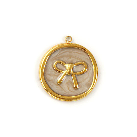 Picture of 2 PCs Eco-friendly PVD Vacuum Plating Waterproof Anti-Tarnish Hypoallergenic 304 Stainless Steel Charms 18K Real Gold Plated Gray Enamel Round Disc Bowknot Pearlized 27mm x 24mm