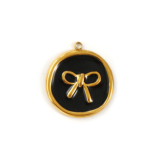 Picture of 2 PCs Eco-friendly PVD Vacuum Plating Waterproof Anti-Tarnish Hypoallergenic 304 Stainless Steel Charms 18K Real Gold Plated Black Enamel Round Disc Bowknot 27mm x 24mm