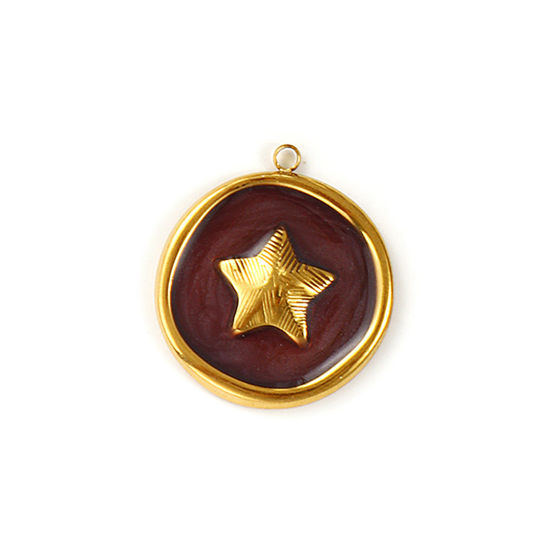Picture of 2 PCs Eco-friendly PVD Vacuum Plating Waterproof Anti-Tarnish Hypoallergenic 304 Stainless Steel Charms 18K Real Gold Plated Coffee Enamel Round Disc Pentagram Star Pearlized 27mm x 24mm