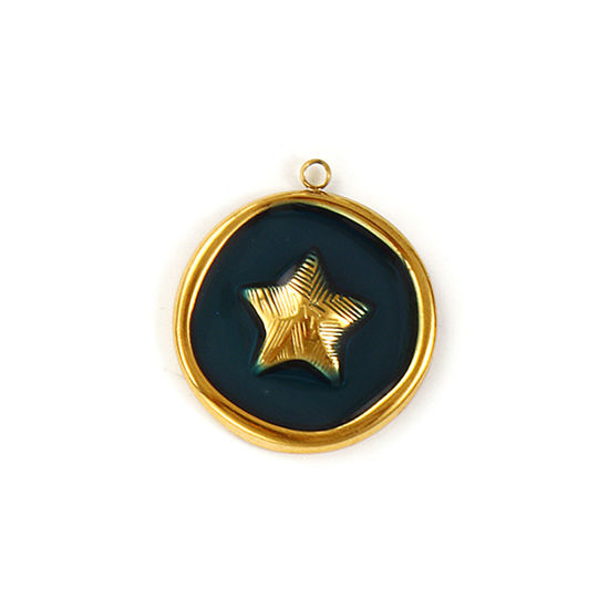 Picture of 2 PCs Eco-friendly PVD Vacuum Plating Waterproof Anti-Tarnish Hypoallergenic 304 Stainless Steel Charms 18K Real Gold Plated Dark Green Enamel Round Disc Pentagram Star 27mm x 24mm