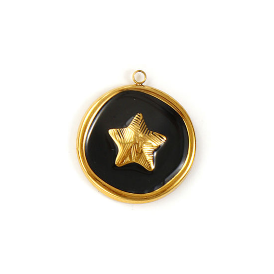 Picture of 2 PCs Eco-friendly PVD Vacuum Plating Waterproof Anti-Tarnish Hypoallergenic 304 Stainless Steel Charms 18K Real Gold Plated Black Enamel Round Disc Pentagram Star 27mm x 24mm