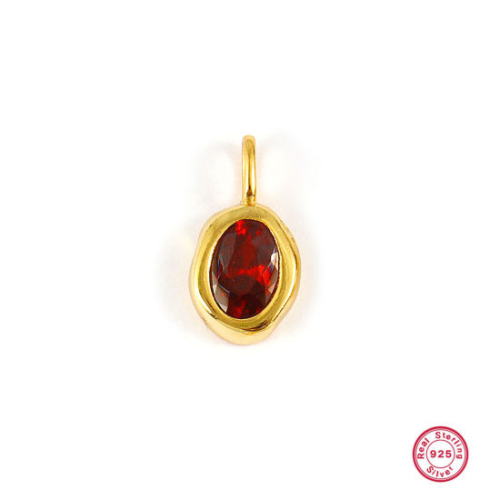 Image de 1 Pièce Breloques en Argent Pur Pierres de Naissance Plaqué Or 18K janvier Ovale Zircone Cubique Vin Rouge 15mm x 8mm