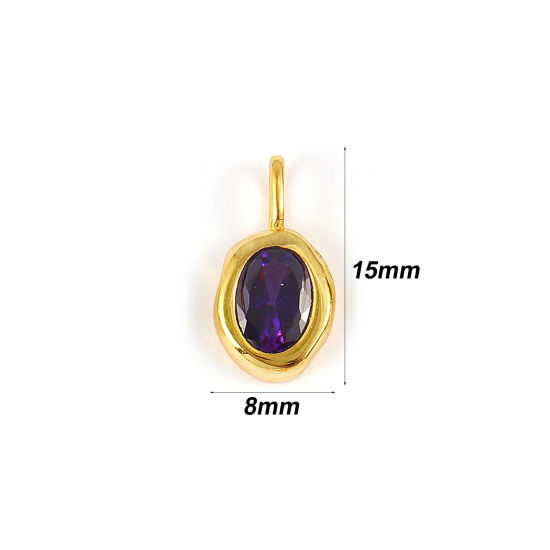 Image de 1 Pièce Breloques en Argent Pur Pierres de Naissance Plaqué Or 18K février Ovale Zircone Cubique Pourpre 15mm x 8mm