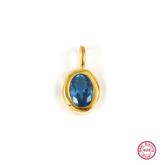 Image de 1 Pièce Breloques en Argent Pur Pierres de Naissance Plaqué Or 18K mars Ovale Zircone Cubique Bleu 15mm x 8mm