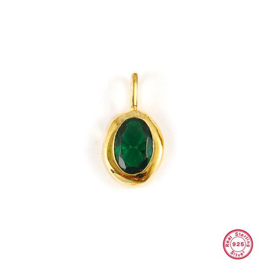 Image de 1 Pièce Breloques en Argent Pur Pierres de Naissance Plaqué Or 18K mai Ovale Zircone Cubique Vert Foncé 15mm x 8mm