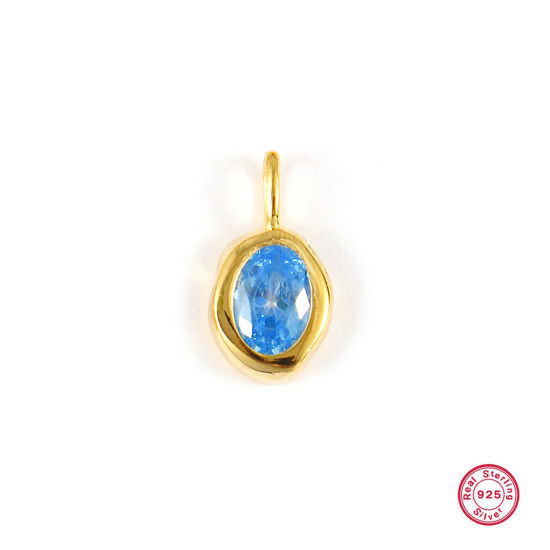 Image de 1 Pièce Breloques en Argent Pur Pierres de Naissance Plaqué Or 18K décembre Ovale Zircone Cubique Bleu Clair 15mm x 8mm