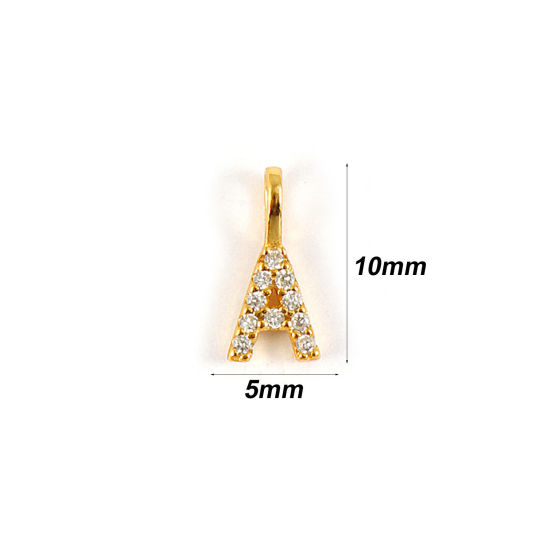 1 個 スターリングシルバー キャピタルレター チャーム 18Kゴールドメッキ 文字 A “ マイクロパヴェ 10mm x 5mm の画像