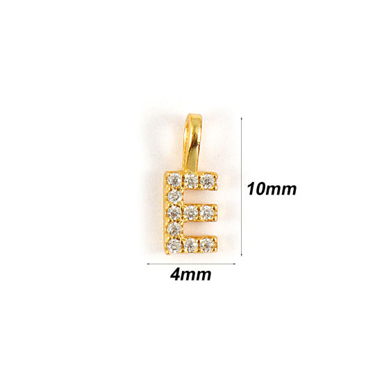1 個 スターリングシルバー キャピタルレター チャーム 18Kゴールドメッキ 文字 E “ マイクロパヴェ 10mm x 4mm の画像