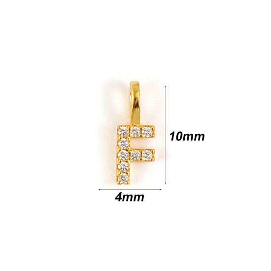 1 個 スターリングシルバー キャピタルレター チャーム 18Kゴールドメッキ 文字 F “ マイクロパヴェ 10mm x 4mm の画像