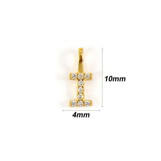 1 個 スターリングシルバー キャピタルレター チャーム 18Kゴールドメッキ 文字 I “ マイクロパヴェ 10mm x 4mm の画像