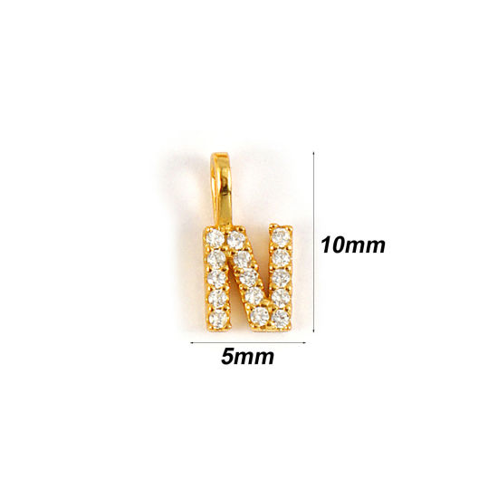 1 個 スターリングシルバー キャピタルレター チャーム 18Kゴールドメッキ 文字 N “ マイクロパヴェ 10mm x 5mm の画像