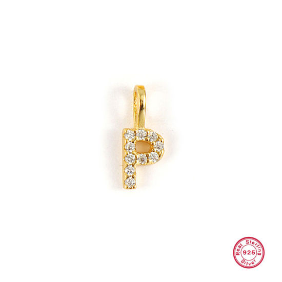 1 個 スターリングシルバー キャピタルレター チャーム 18Kゴールドメッキ 文字 P “ マイクロパヴェ 10mm x 4mm の画像