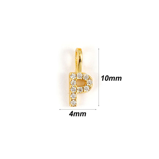 1 個 スターリングシルバー キャピタルレター チャーム 18Kゴールドメッキ 文字 P “ マイクロパヴェ 10mm x 4mm の画像