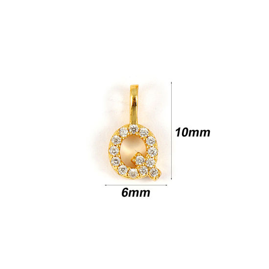 1 個 スターリングシルバー キャピタルレター チャーム 18Kゴールドメッキ 文字 Q “ マイクロパヴェ 10mm x 6mm の画像