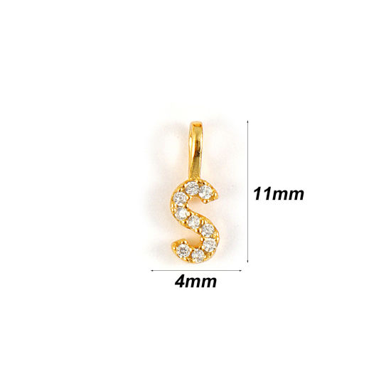 1 個 スターリングシルバー キャピタルレター チャーム 18Kゴールドメッキ 文字 S “ マイクロパヴェ 11mm x 4mm の画像