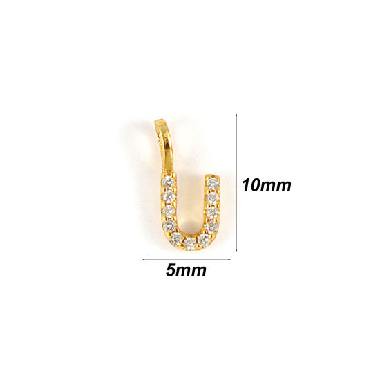 1 個 スターリングシルバー キャピタルレター チャーム 18Kゴールドメッキ 文字 U “ マイクロパヴェ 10mm x 5mm の画像