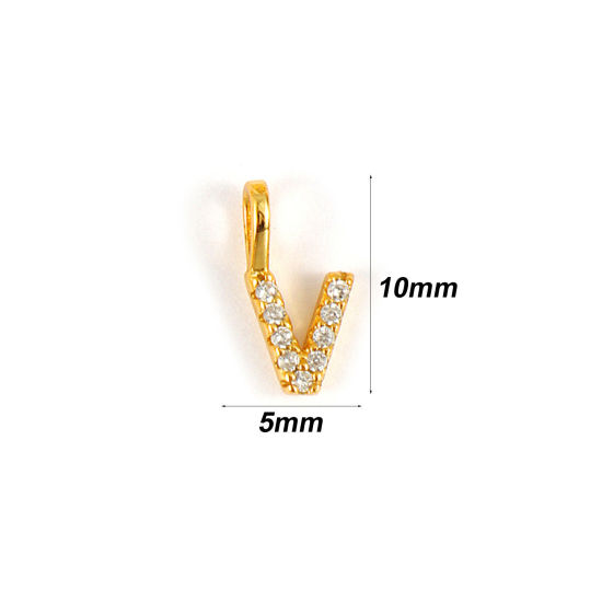 1 個 スターリングシルバー キャピタルレター チャーム 18Kゴールドメッキ 文字 V “ マイクロパヴェ 10mm x 5mm の画像