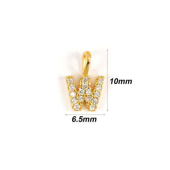 1 個 スターリングシルバー キャピタルレター チャーム 18Kゴールドメッキ 文字 W “ マイクロパヴェ 10mm x 6.5mm の画像