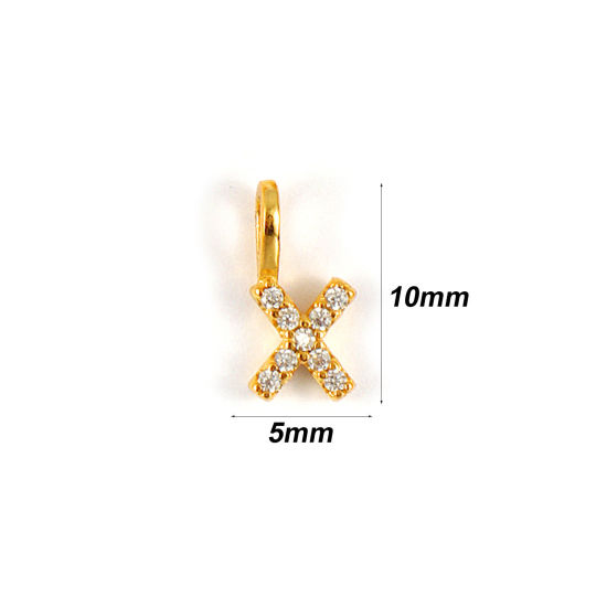 1 個 スターリングシルバー キャピタルレター チャーム 18Kゴールドメッキ 文字 X “ マイクロパヴェ 10mm x 5mm の画像