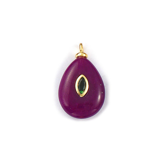 Picture of 1 Piece Eco-friendly Gemstone & Brass Geometric Charms Wholesale 18K Real Gold Plated Purple Drop Emerald Cubic Zirconia 25mm x 15mm