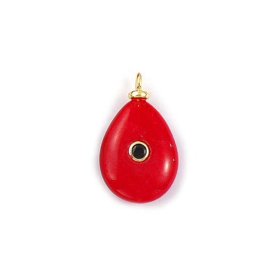 Picture of 1 Piece Eco-friendly Gemstone & Brass Geometric Charms Wholesale 18K Real Gold Plated Red Drop Black Cubic Zirconia 25mm x 15mm