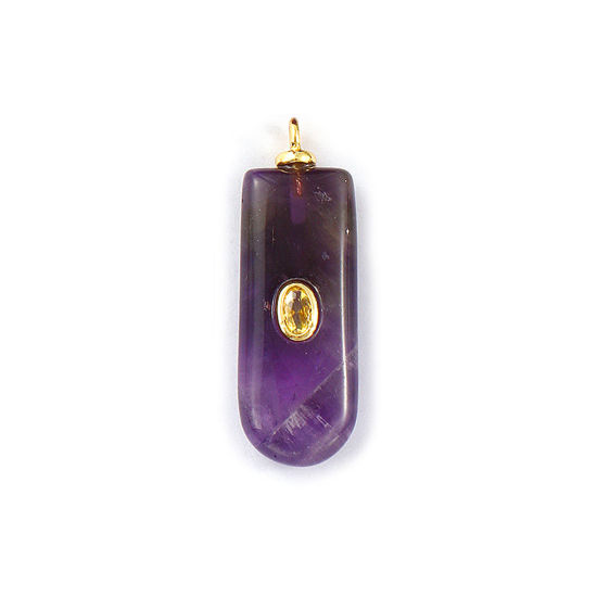 Picture of 1 Piece Eco-friendly Gemstone & Brass Geometric Pendants Wholesale 18K Real Gold Plated Purple Rectangle Pale Yellow Cubic Zirconia 3.5cm x 1.2cm