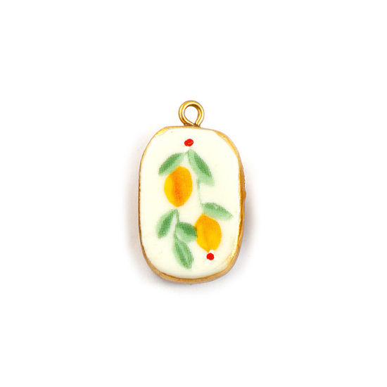Picture of 2 PCs Eco-friendly PVD Vacuum Plating Waterproof Anti-Tarnish Hypoallergenic 304 Stainless Steel & Ceramic Charms 18K Real Gold Plated Multicolor Oval Lemon 27mm x 16mm