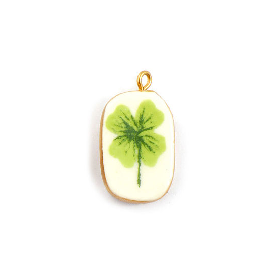 Picture of 2 PCs Eco-friendly PVD Vacuum Plating Waterproof Anti-Tarnish Hypoallergenic 304 Stainless Steel & Ceramic Charms 18K Real Gold Plated Green Oval Four Leaf Clover 27mm x 16mm