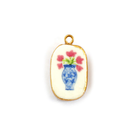 Picture of 2 PCs Eco-friendly PVD Vacuum Plating Waterproof Anti-Tarnish Hypoallergenic 304 Stainless Steel & Ceramic Charms 18K Real Gold Plated Multicolor Oval Flower Vase 27mm x 16mm