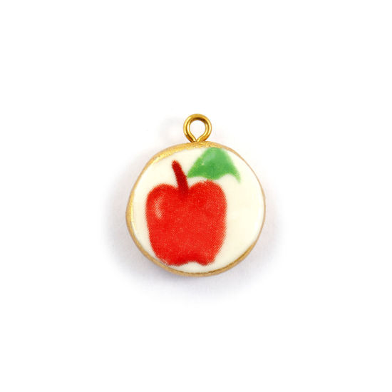 Picture of 2 PCs Eco-friendly PVD Vacuum Plating Waterproof Anti-Tarnish Hypoallergenic 304 Stainless Steel & Ceramic Charms 18K Real Gold Plated Red Round Disc Apple Fruit 22mm x 19mm