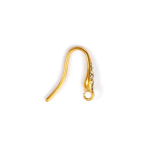 Picture of 2 PCs Eco-friendly PVD Vacuum Plating Waterproof Anti-Tarnish Hypoallergenic 304 Stainless Steel Exquisite Ear Wire Hooks Earrings For DIY Jewelry Making Accessories Drop 18K Real Gold Plated Clear Rhinestone With Open Loop 14mm x 3mm, Post/ Wire Size: 1mm(18 gauge)
