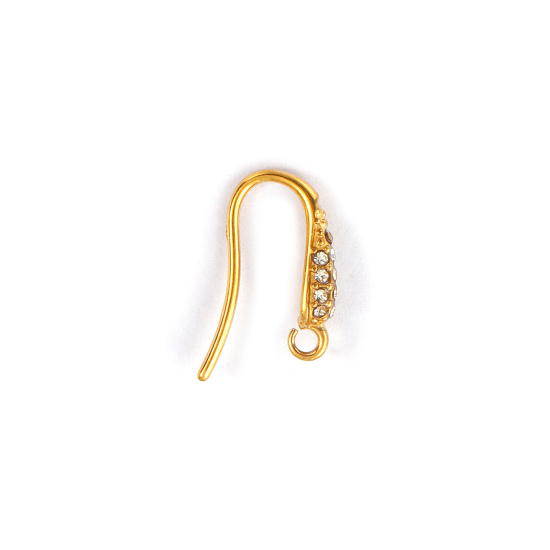Picture of 2 PCs Eco-friendly PVD Vacuum Plating Waterproof Anti-Tarnish Hypoallergenic 304 Stainless Steel Exquisite Ear Wire Hooks Earrings For DIY Jewelry Making Accessories Drop 18K Real Gold Plated Clear Rhinestone With Open Loop 14mm x 3mm, Post/ Wire Size: 1mm(18 gauge)
