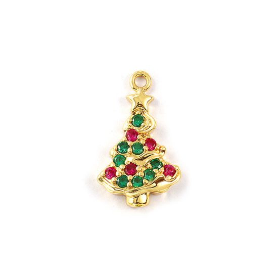 Immagine di 2 Pz Ottone Ciondoli Placcato Oro 18K Albero di Natale Micro Spianare Rosso Prugna Cubic Zirconiae 22mm x 13mm