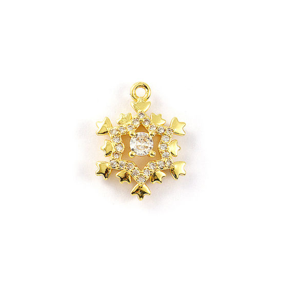 Immagine di 2 Pz Ottone Ciondoli Placcato Oro 18K Natale Fiocco di Neve Micro Spianare Trasparente Cubic Zirconiae 18mm x 13.5mm