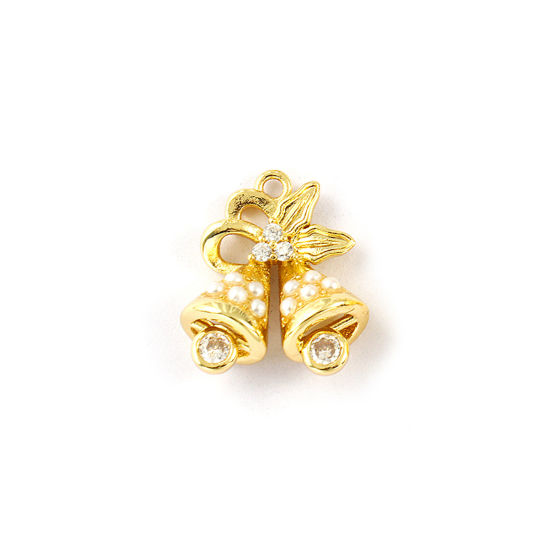 Immagine di 2 Pz Ottone Ciondoli Placcato Oro 18K Bianco Natale Jingling Campanello Perla Imitato Acrilico Trasparente Cubic Zirconiae 16mm x 14mm