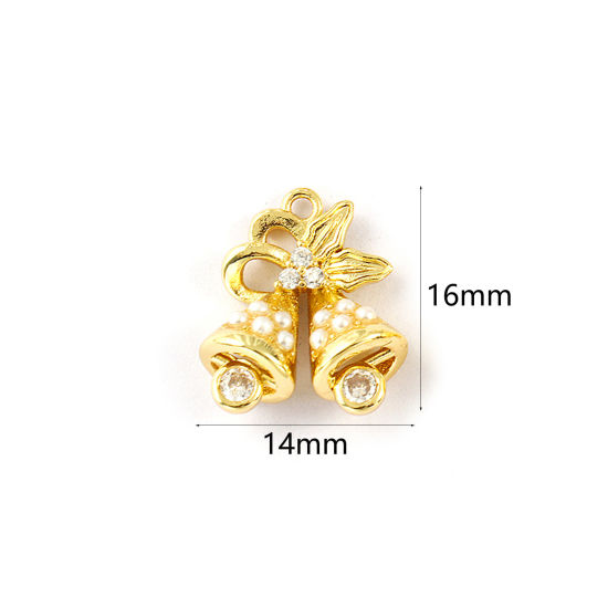 Immagine di 2 Pz Ottone Ciondoli Placcato Oro 18K Bianco Natale Jingling Campanello Perla Imitato Acrilico Trasparente Cubic Zirconiae 16mm x 14mm