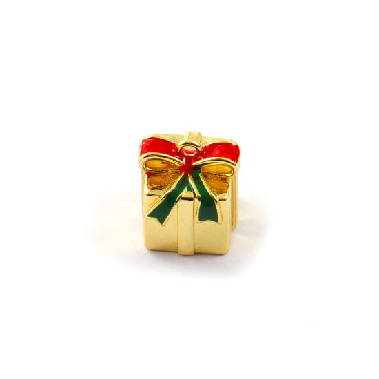 Immagine di 2 Pz Ottone Natale Ciondoli Placcato Oro 18K Rosso Smalto Scatola per Regalo 3D 12.5mm x 10.5mm