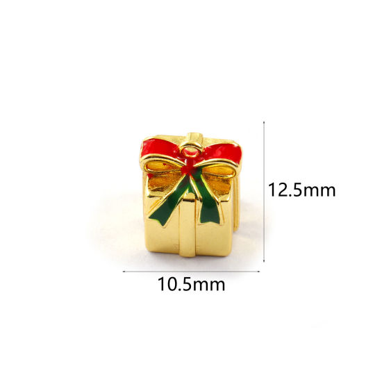 Immagine di 2 Pz Ottone Natale Ciondoli Placcato Oro 18K Rosso Smalto Scatola per Regalo 3D 12.5mm x 10.5mm