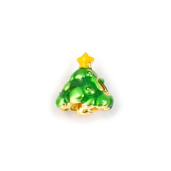 Immagine di 2 Pz Ottone Perline per la Creazione di Gioielli con Fai-da-te Placcato Oro 18K Verde Smalto Albero di Natale 3D 15mm x 13mm