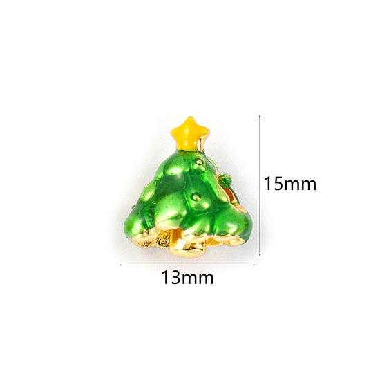 Immagine di 2 Pz Ottone Perline per la Creazione di Gioielli con Fai-da-te Placcato Oro 18K Verde Smalto Albero di Natale 3D 15mm x 13mm