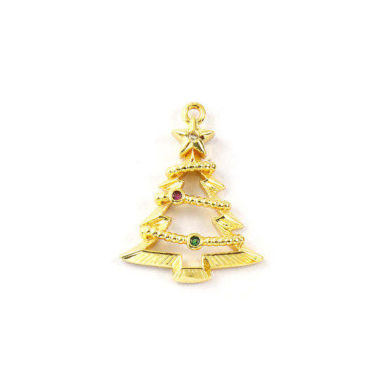 2 個 真鍮 チャーム 18Kゴールドメッキ クリスマスツリー マイクロパヴェ グリーン ジルコン 22mm x 17mm、 の画像