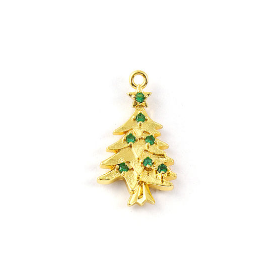 2 個 真鍮 チャーム 18Kゴールドメッキ クリスマスツリー マイクロパヴェ グリーン ジルコン 21mm x 12mm、 の画像