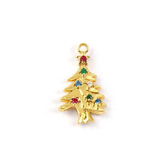 2 個 真鍮 チャーム 18Kゴールドメッキ クリスマスツリー マイクロパヴェ 多色 ジルコン 21mm x 12mm、 の画像