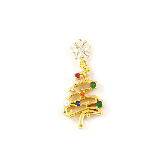 2 個 真鍮 チャーム 18Kゴールドメッキ 白 クリスマスツリー アクリル模造真珠 多色 ジルコン 27mm x 12mm、 の画像