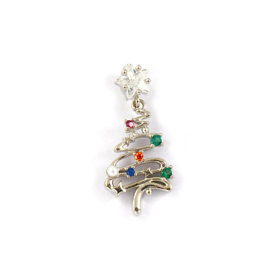 2 個 真鍮 チャーム プラチナメッキ 白 クリスマスツリー マイクロパヴェ 多色 ジルコン 27mm x 12mm、 の画像